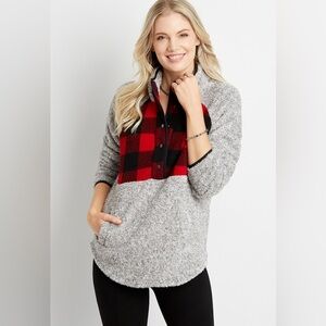 Gray Buffalo Plaid Yoke Snap Front Sherpa Pullover Sweatshirt